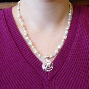 Pearl Quartz Silver Rose Necklace Earrings Set